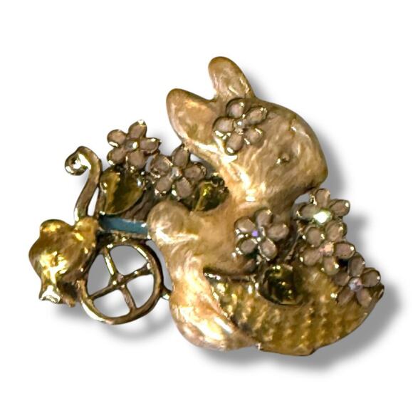 Vintage Bunny and Chick Floral Easter Brooch Gold Tone Enamel Rhinestone Pin - Picture 1 of 7